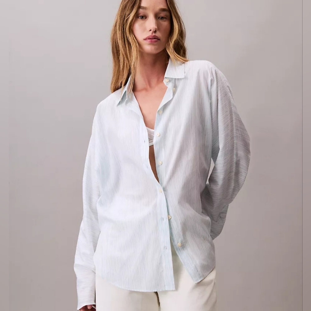 Calvin Klein Print Dolman Long Sleeve Button-Down Striped Casual Shirt